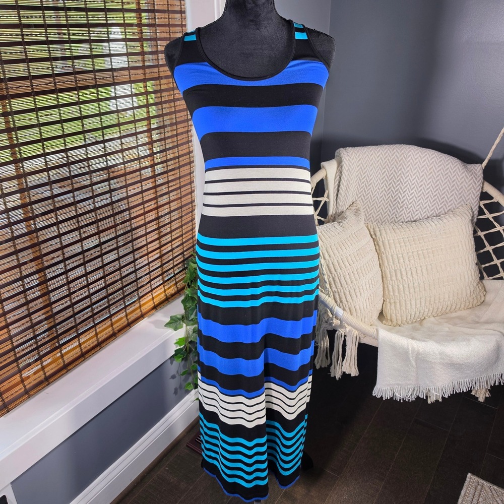 Blue Striped Racerback Maxi Dress Sleeveless Scoop Neck Casual Beachy Small
